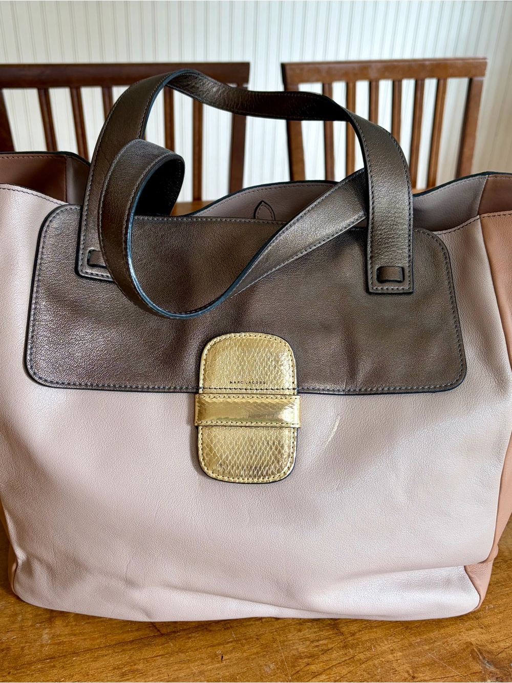 Marc Jacobs Two-Tone Leather Tote in Pink, Brown and Gold Hardware